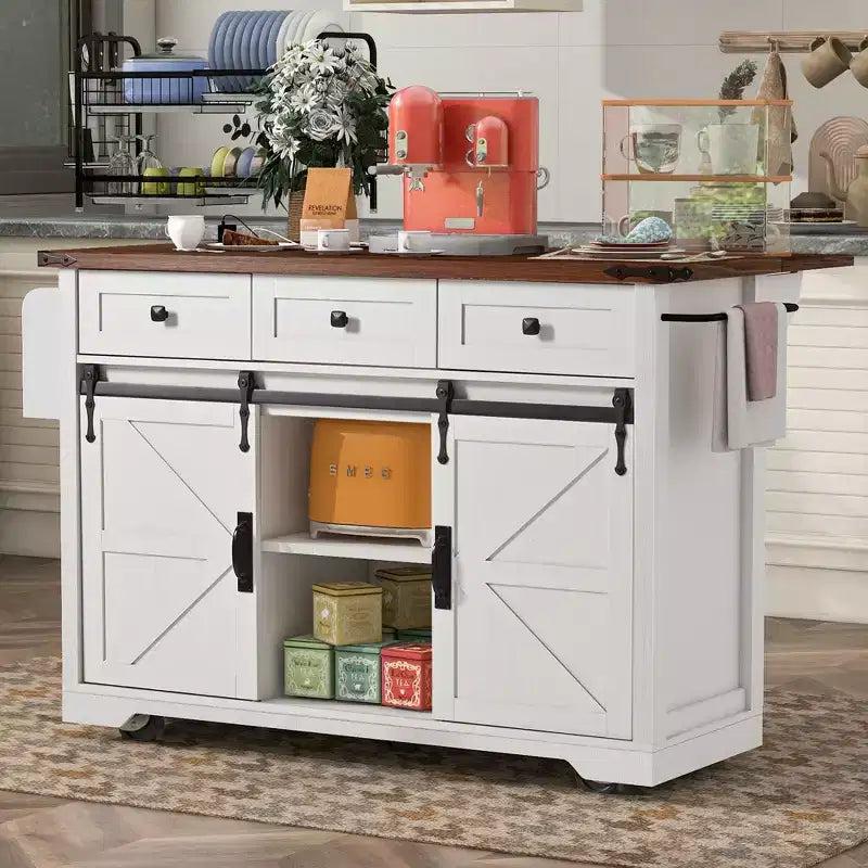 JVNOXK-53.7-inch rustic kitchen island with power outlets double sliding doors with folding shelves spice rack on wheels white