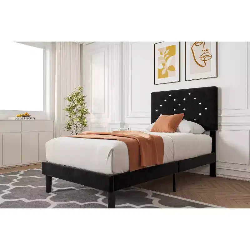 Bed Frames with Button Tufted Headboard 2 Storage Drawers Wooden Slat Support No Box Spring Required Easy Assembly