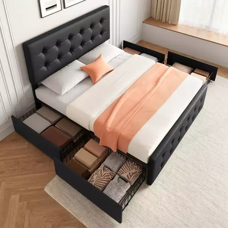 Lit avec tête de lit réglable et 4 tiroirs de rangement, design capitonné, support à lattes en bois, pas besoin de sommier tapissier