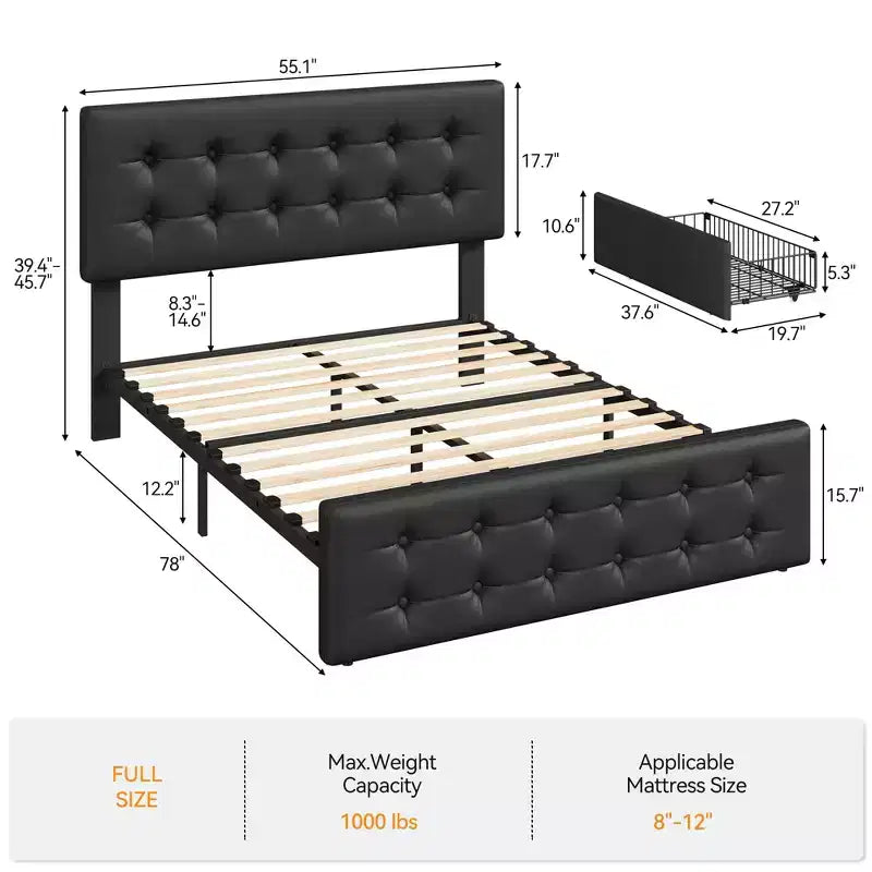 Lit avec tête de lit réglable et 4 tiroirs de rangement, design capitonné, support à lattes en bois, pas besoin de sommier tapissier