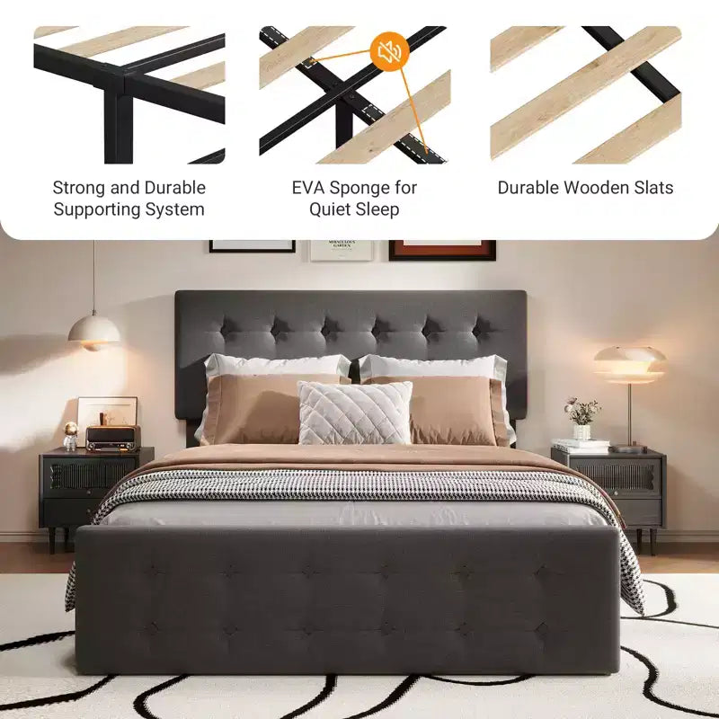 Lit avec tête de lit réglable et 4 tiroirs de rangement, design capitonné, support à lattes en bois, pas besoin de sommier tapissier