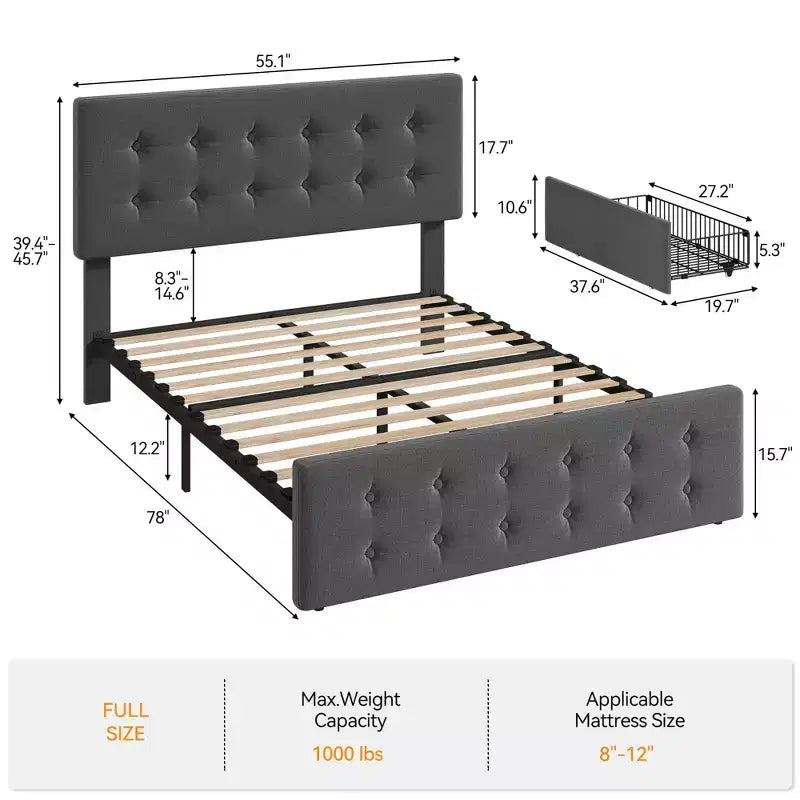 Lit avec tête de lit réglable et 4 tiroirs de rangement, design capitonné, support à lattes en bois, pas besoin de sommier tapissier