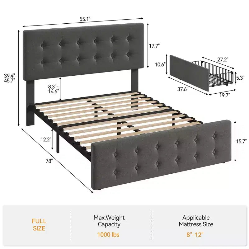 Lit avec tête de lit réglable et 4 tiroirs de rangement, design capitonné, support à lattes en bois, pas besoin de sommier tapissier