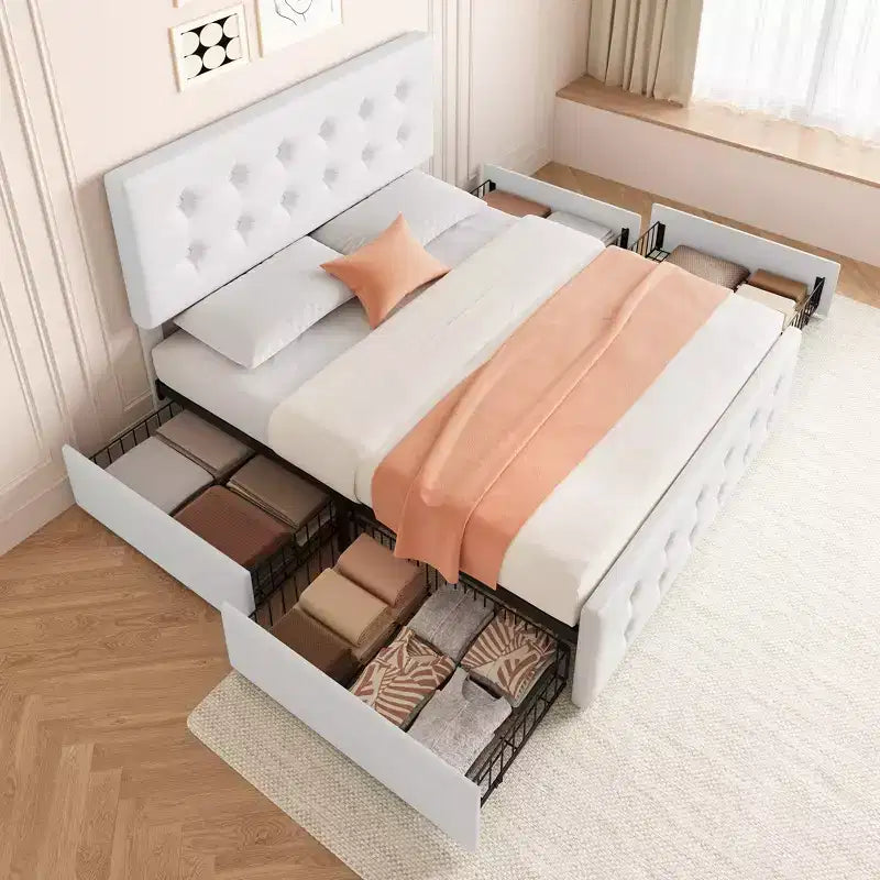 Lit avec tête de lit réglable et 4 tiroirs de rangement, design capitonné, support à lattes en bois, pas besoin de sommier tapissier