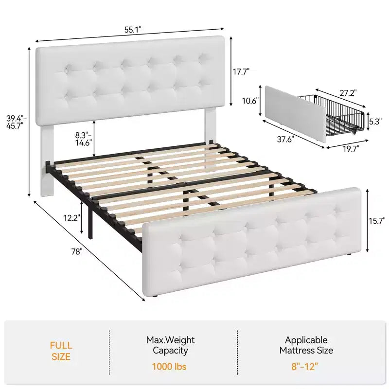 Lit avec tête de lit réglable et 4 tiroirs de rangement, design capitonné, support à lattes en bois, pas besoin de sommier tapissier