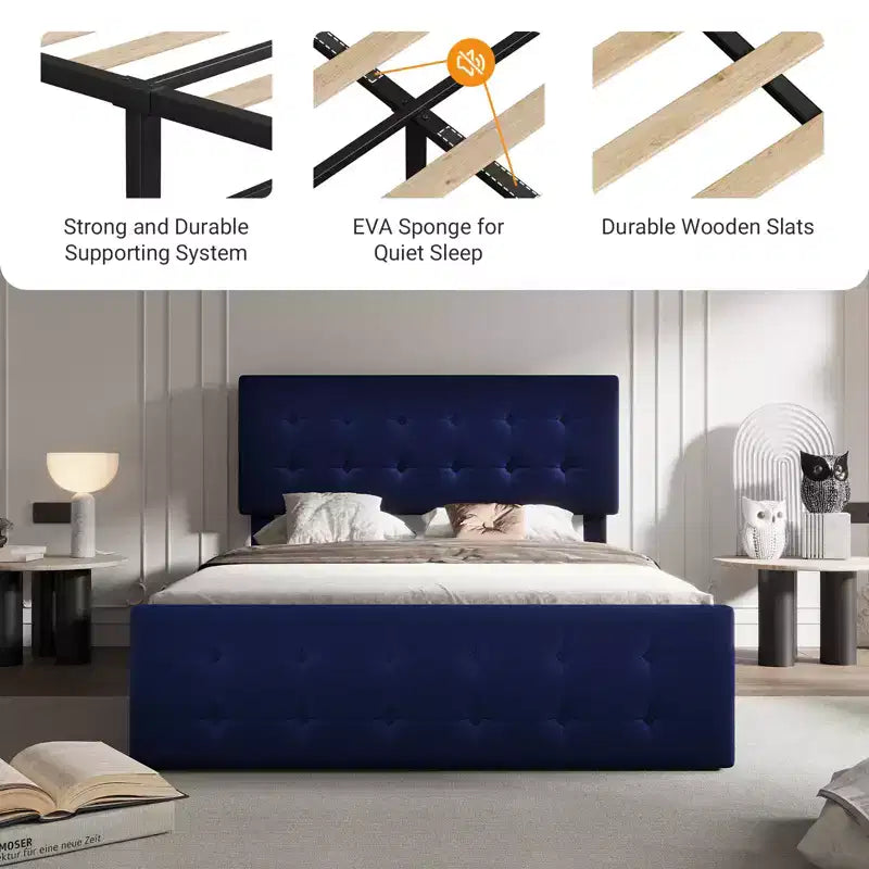 Lit avec tête de lit réglable et 4 tiroirs de rangement, design capitonné, support à lattes en bois, pas besoin de sommier tapissier