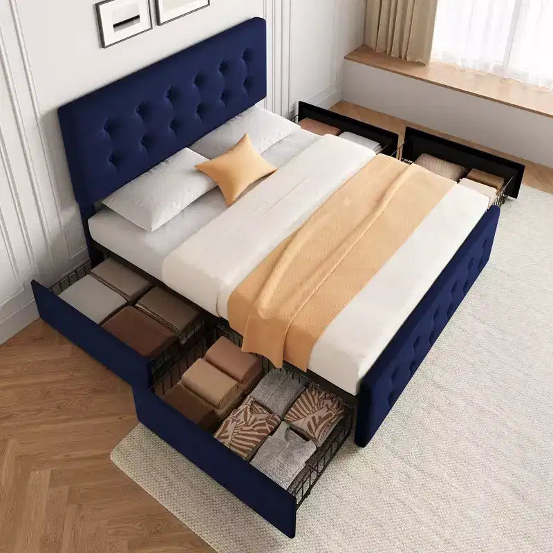 Lit avec tête de lit réglable et 4 tiroirs de rangement, design capitonné, support à lattes en bois, pas besoin de sommier tapissier