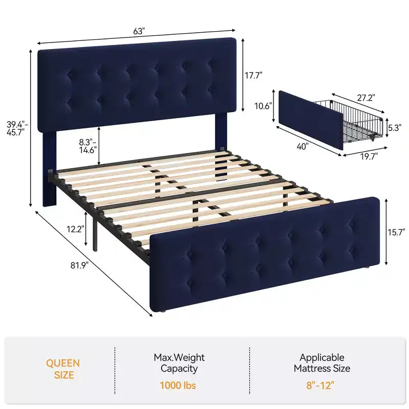 Lit avec tête de lit réglable et 4 tiroirs de rangement, design capitonné, support à lattes en bois, pas besoin de sommier tapissier