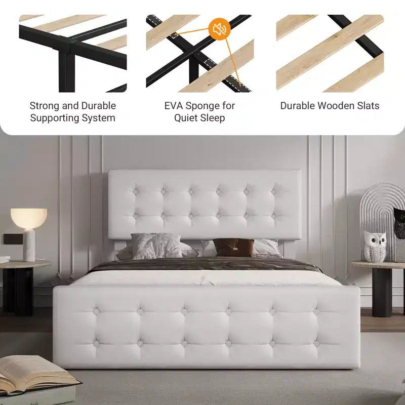 Lit avec tête de lit réglable et 4 tiroirs de rangement, design capitonné, support à lattes en bois, pas besoin de sommier tapissier