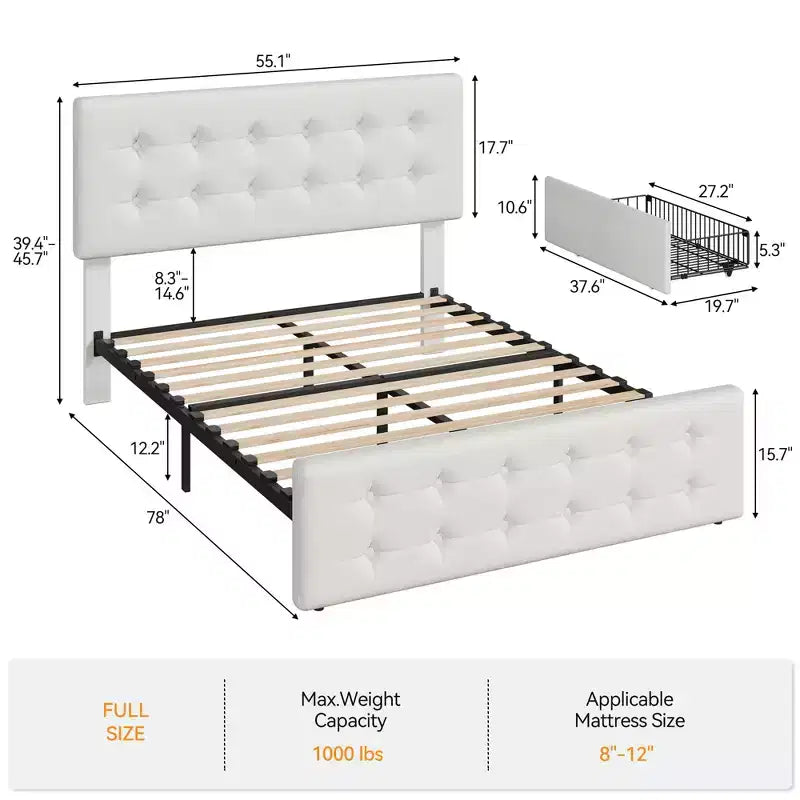 Lit avec tête de lit réglable et 4 tiroirs de rangement, design capitonné, support à lattes en bois, pas besoin de sommier tapissier