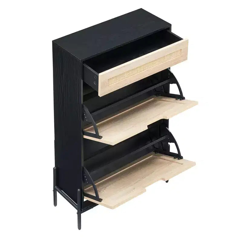 Shoe Cabinet with 3 Position Adjusted and Removable Shelf Modern Freestanding Shoe Organizer 2 Flip Door Shoe Rack with a Drawer Black+Oak