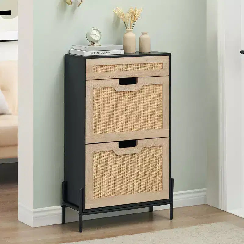 Meuble à chaussures avec étagère réglable et amovible 3 positions, organisateur de chaussures autoportant moderne, armoire à chaussures 2 portes basculantes avec tiroir Noir+Chêne