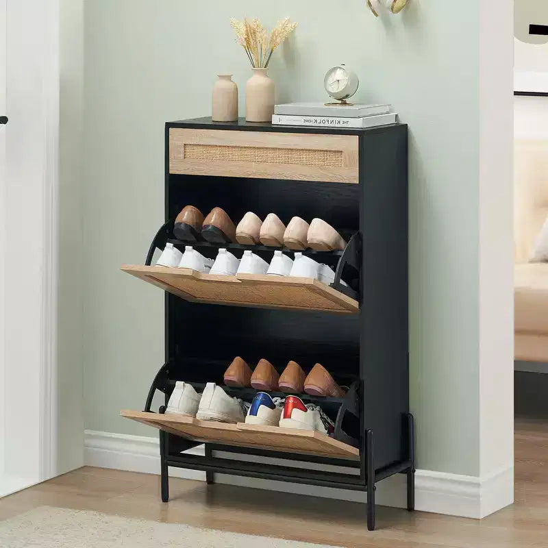 Meuble à chaussures avec étagère réglable et amovible 3 positions, organisateur de chaussures autoportant moderne, armoire à chaussures 2 portes basculantes avec tiroir Noir+Chêne