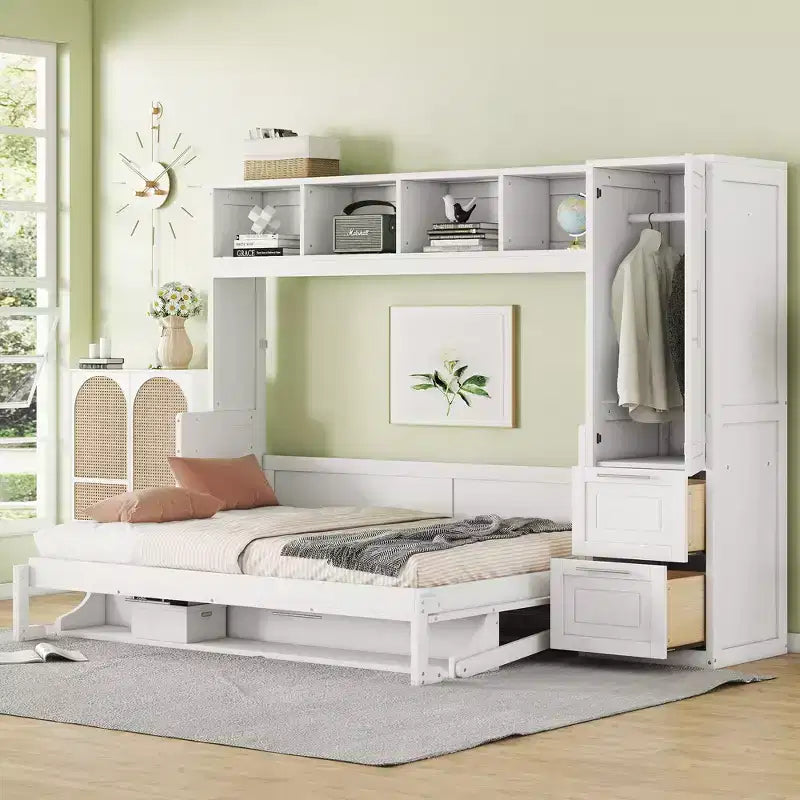 Lit escamotable Full/Queen avec armoire en bois et tiroirs, lit mural pliant pour chambre d'amis ou petite pièce