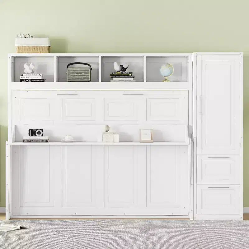Lit escamotable Full/Queen avec armoire en bois et tiroirs, lit mural pliant pour chambre d'amis ou petite pièce