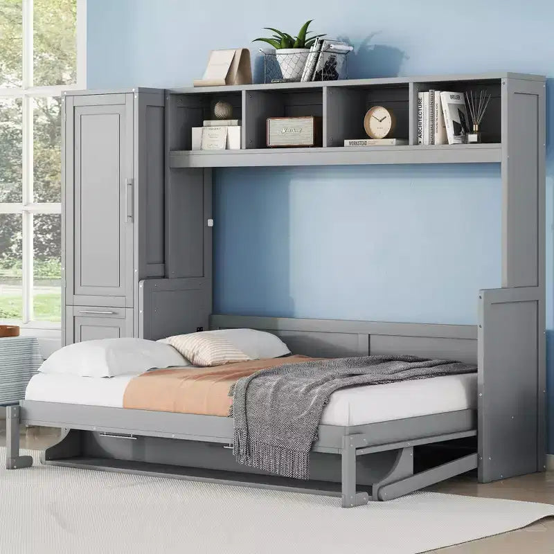 Lit escamotable Full/Queen avec armoire en bois et tiroirs, lit mural pliant pour chambre d'amis ou petite pièce
