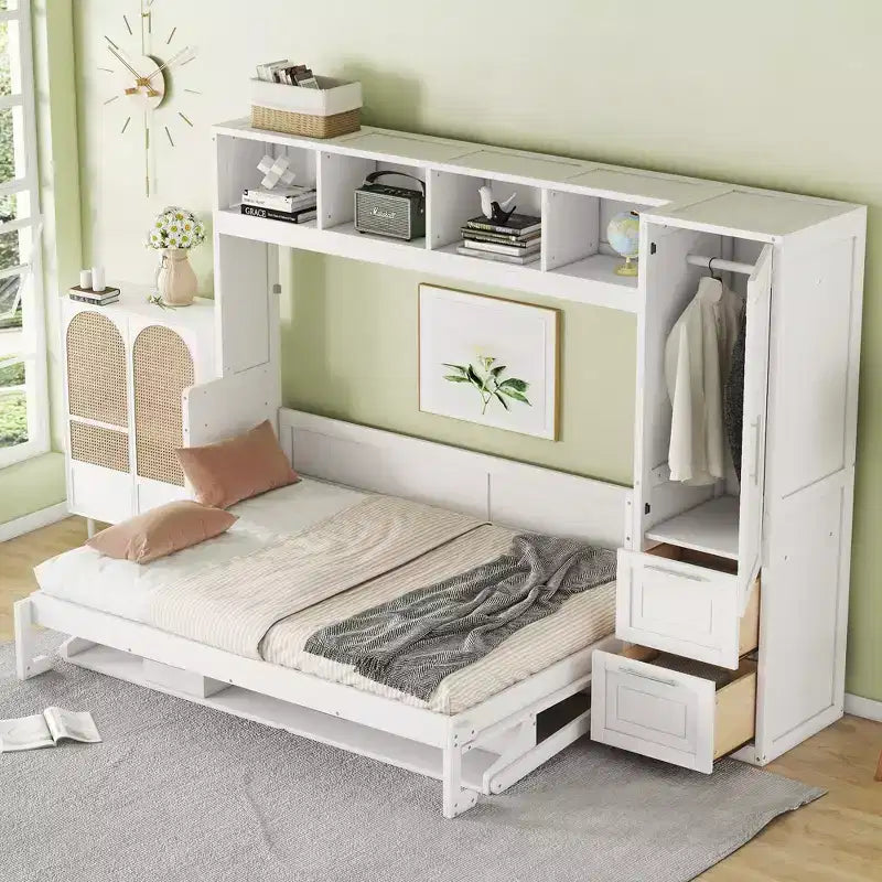 Lit escamotable Full/Queen avec armoire en bois et tiroirs, lit mural pliant pour chambre d'amis ou petite pièce