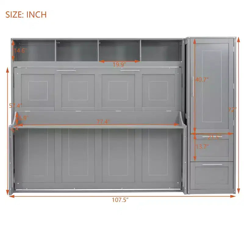 Lit escamotable Full/Queen avec armoire en bois et tiroirs, lit mural pliant pour chambre d'amis ou petite pièce