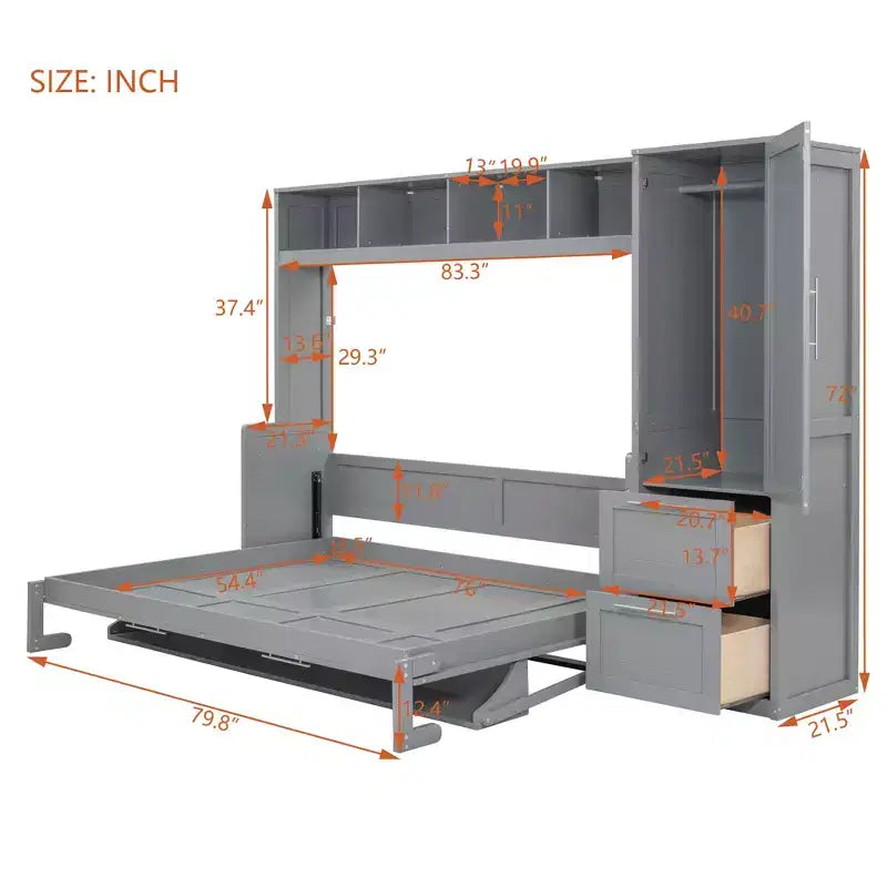 Lit escamotable Full/Queen avec armoire en bois et tiroirs, lit mural pliant pour chambre d'amis ou petite pièce