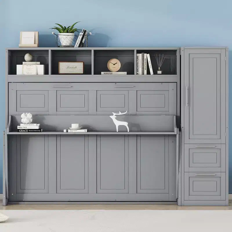 Lit escamotable Full/Queen avec armoire en bois et tiroirs, lit mural pliant pour chambre d'amis ou petite pièce