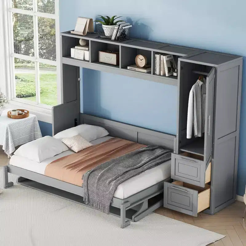 Lit escamotable Full/Queen avec armoire en bois et tiroirs, lit mural pliant pour chambre d'amis ou petite pièce