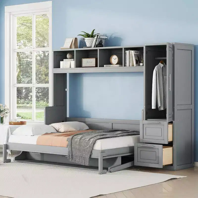 Full/Queen Murphy Bed Wooden Cabinet Bed Wall Bed with Closet and Drawers Folding Bed for Guest Room Small Room