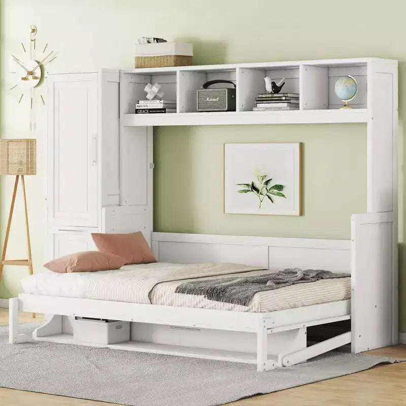 Lit escamotable Full/Queen avec armoire en bois et tiroirs, lit mural pliant pour chambre d'amis ou petite pièce