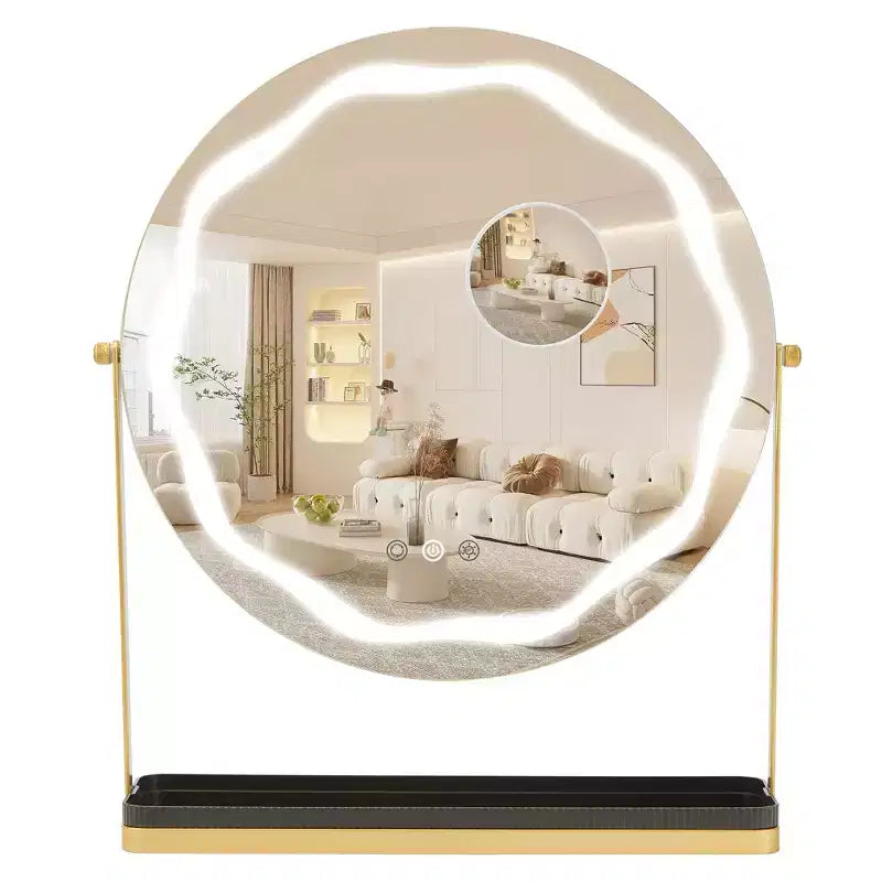 Round Vanity Mirror with Removable Storage Box Three Colors Dimmable 360Rotatable Suitable for Desktop Bedroom Easy Assembly Gold
