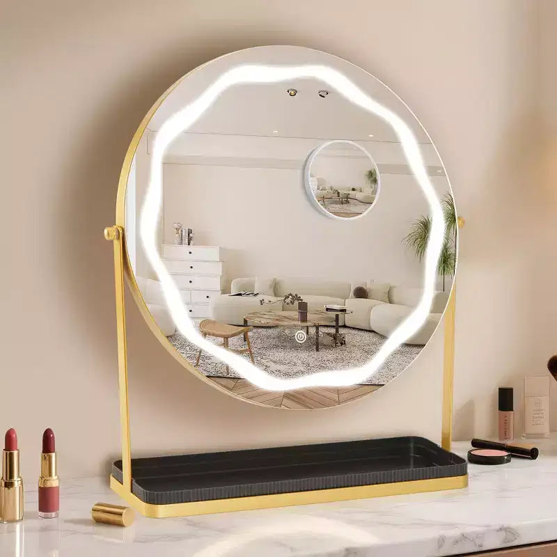 Miroir de courtoisie rond avec boîte de rangement amovible Trois couleurs intensité réglable Rotation à 360 ° Convient pour bureau chambre Assemblage facile Or