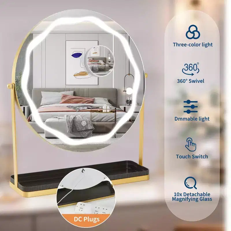 Miroir de courtoisie rond avec boîte de rangement amovible Trois couleurs intensité réglable Rotation à 360 ° Convient pour bureau chambre Assemblage facile Or