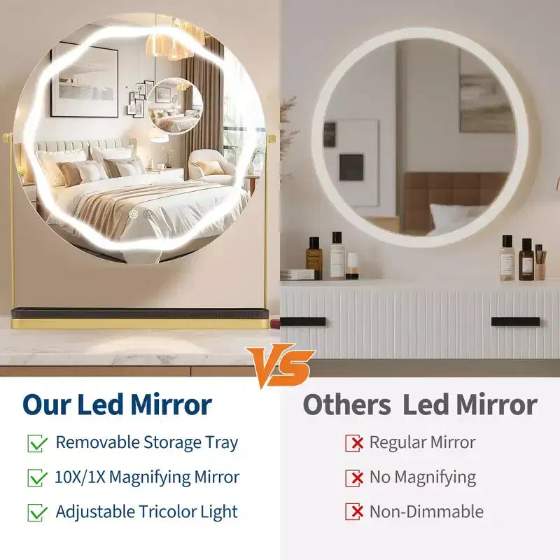 Miroir de courtoisie rond avec boîte de rangement amovible Trois couleurs intensité réglable Rotation à 360 ° Convient pour bureau chambre Assemblage facile Or