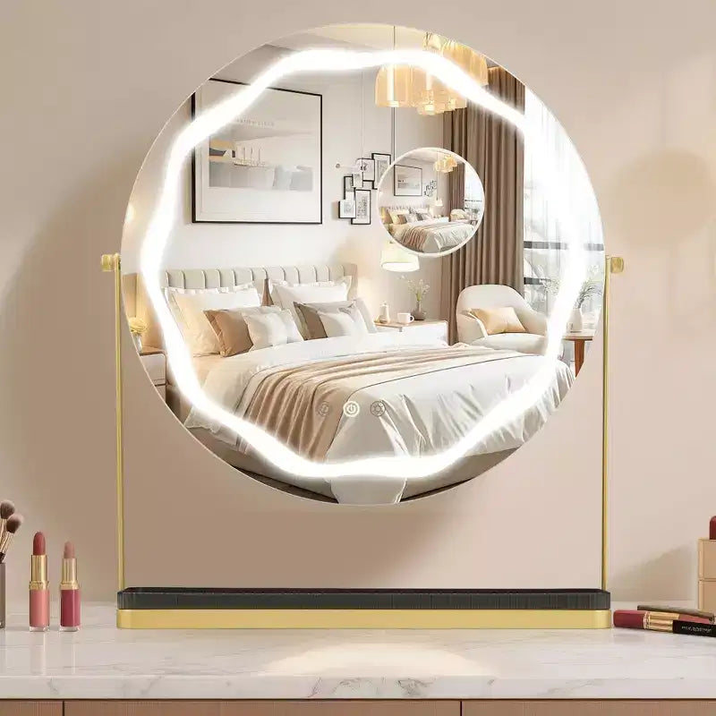 Miroir de courtoisie rond avec boîte de rangement amovible Trois couleurs intensité réglable Rotation à 360 ° Convient pour bureau chambre Assemblage facile Or