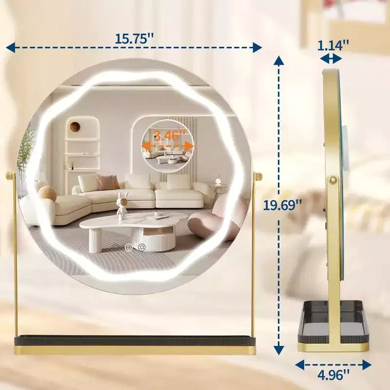 Miroir de courtoisie rond avec boîte de rangement amovible Trois couleurs intensité réglable Rotation à 360 ° Convient pour bureau chambre Assemblage facile Or