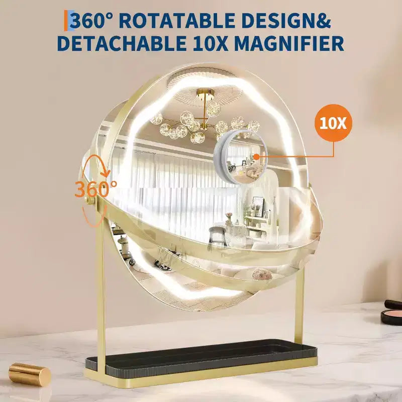Miroir de courtoisie rond avec boîte de rangement amovible Trois couleurs intensité réglable Rotation à 360 ° Convient pour bureau chambre Assemblage facile Or
