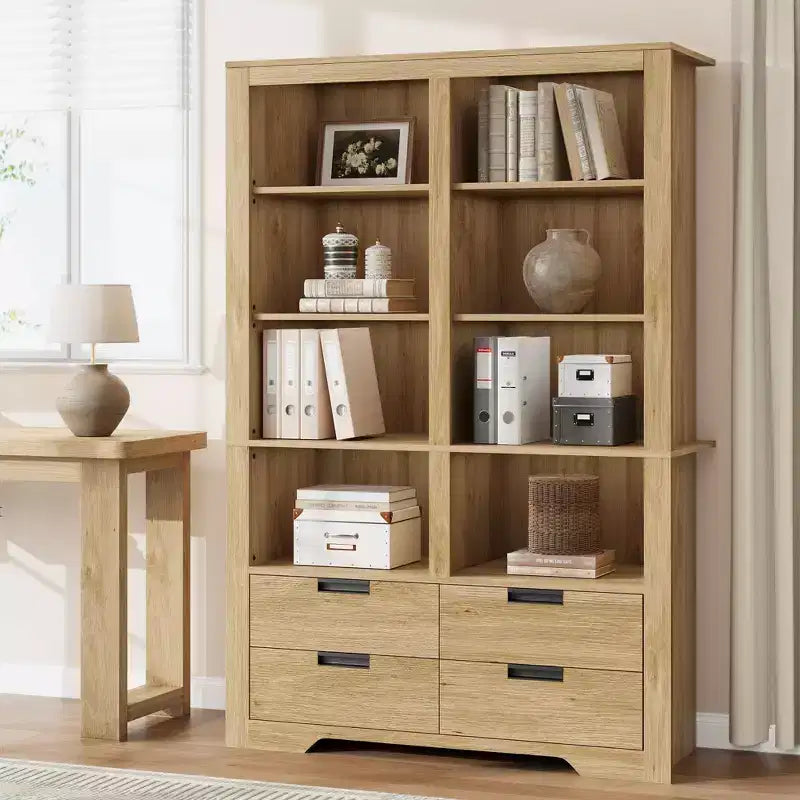 Bibliothèque de ferme de 183 cm avec 4 tiroirs, étagère de rangement double large à 6 niveaux, grande étagère ouverte autoportante pour livres et décorations