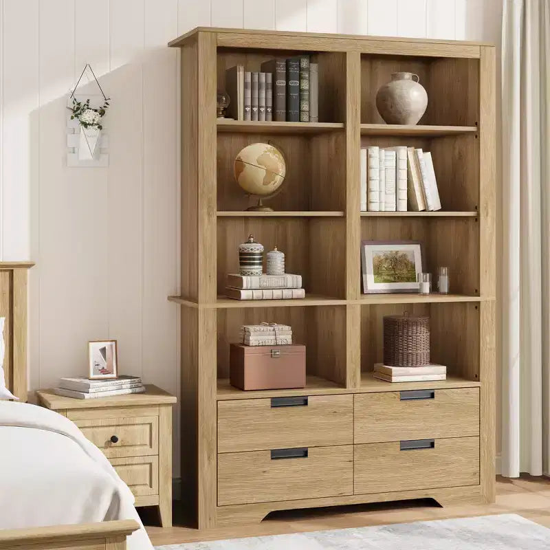 Bibliothèque de ferme de 183 cm avec 4 tiroirs, étagère de rangement double large à 6 niveaux, grande étagère ouverte autoportante pour livres et décorations