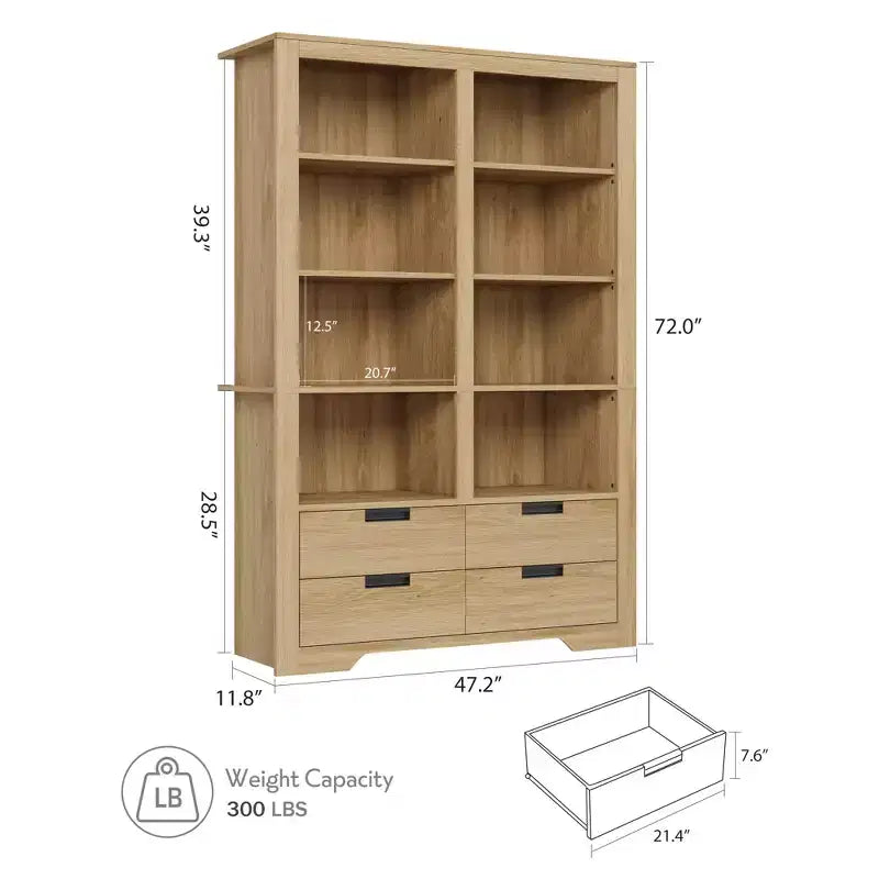 Bibliothèque de ferme de 183 cm avec 4 tiroirs, étagère de rangement double large à 6 niveaux, grande étagère ouverte autoportante pour livres et décorations