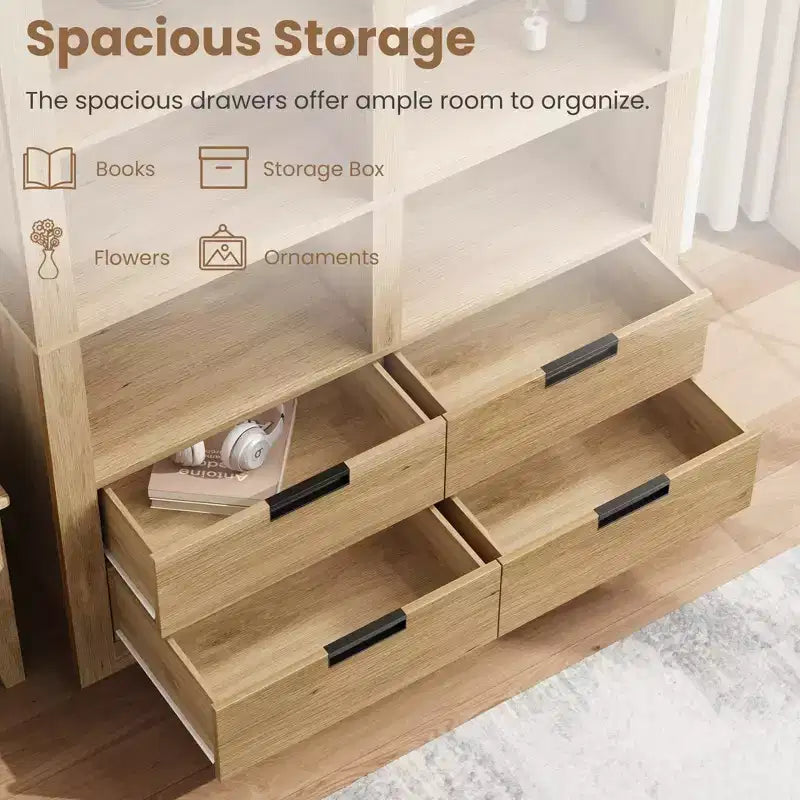 Bibliothèque de ferme de 183 cm avec 4 tiroirs, étagère de rangement double large à 6 niveaux, grande étagère ouverte autoportante pour livres et décorations
