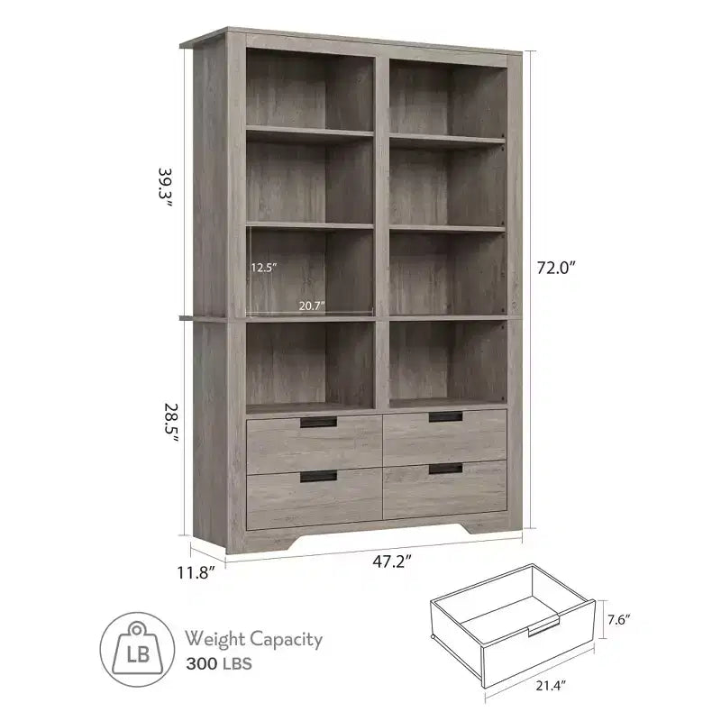 Bibliothèque de ferme de 183 cm avec 4 tiroirs, étagère de rangement double large à 6 niveaux, grande étagère ouverte autoportante pour livres et décorations