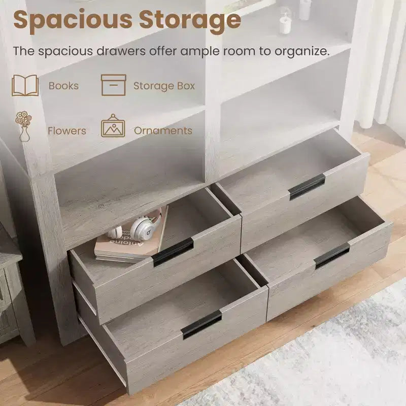 Bibliothèque de ferme de 183 cm avec 4 tiroirs, étagère de rangement double large à 6 niveaux, grande étagère ouverte autoportante pour livres et décorations