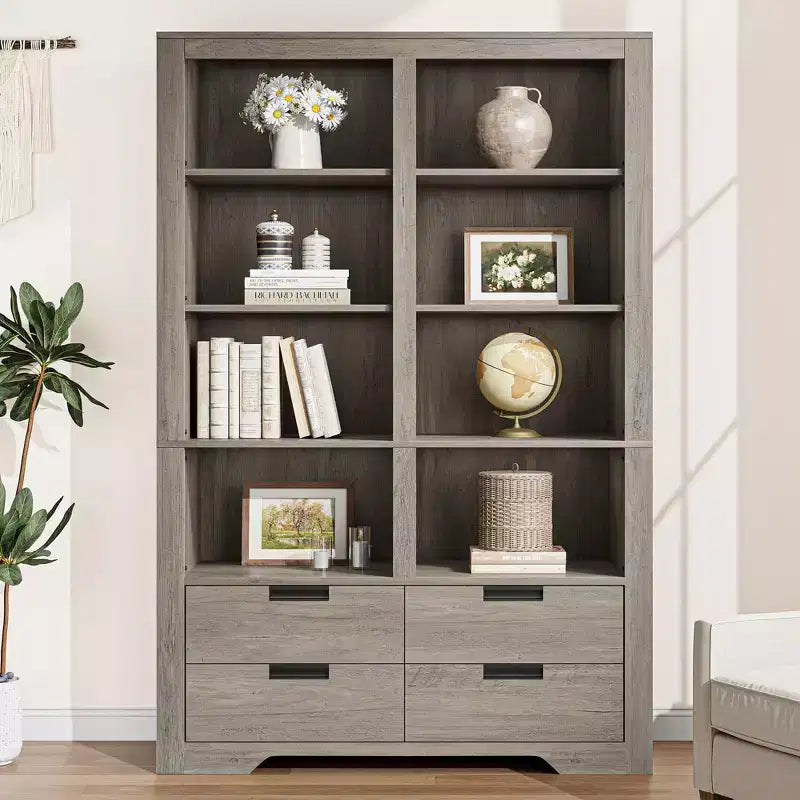72 Tall Farmhouse Bookshelf with 4 Drawers 6-Tier Double Wide Storage Bookcase Freestanding Large Open Shelf for Books and Decor