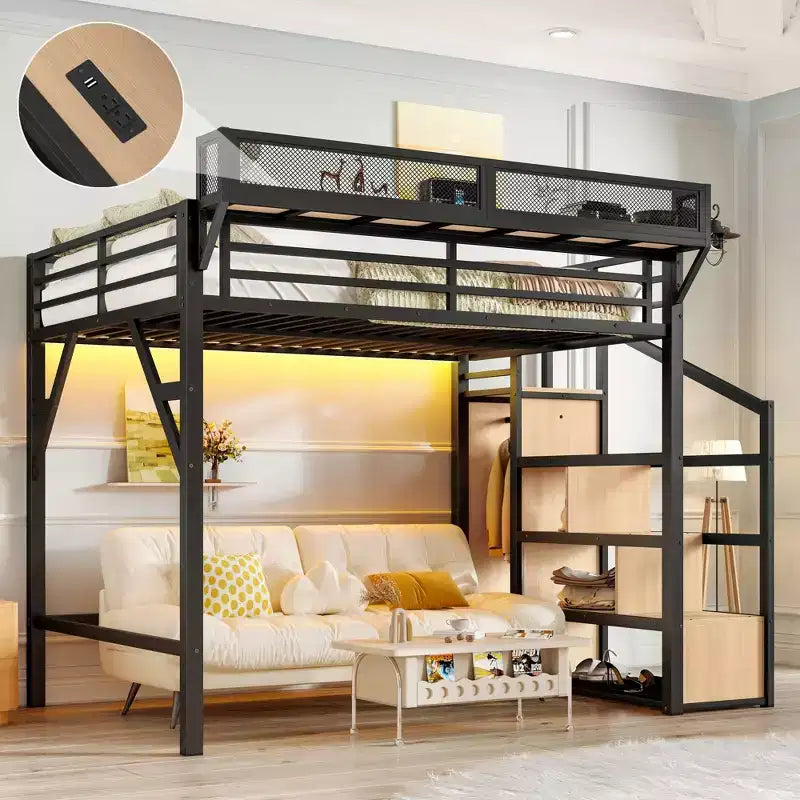 Bellemave Full Loft Bed with Storage Stairs Built-in Wardrobe & Shelves Metal Frame USB Ports LED Lights Noise-Reducing Design Natural Wood