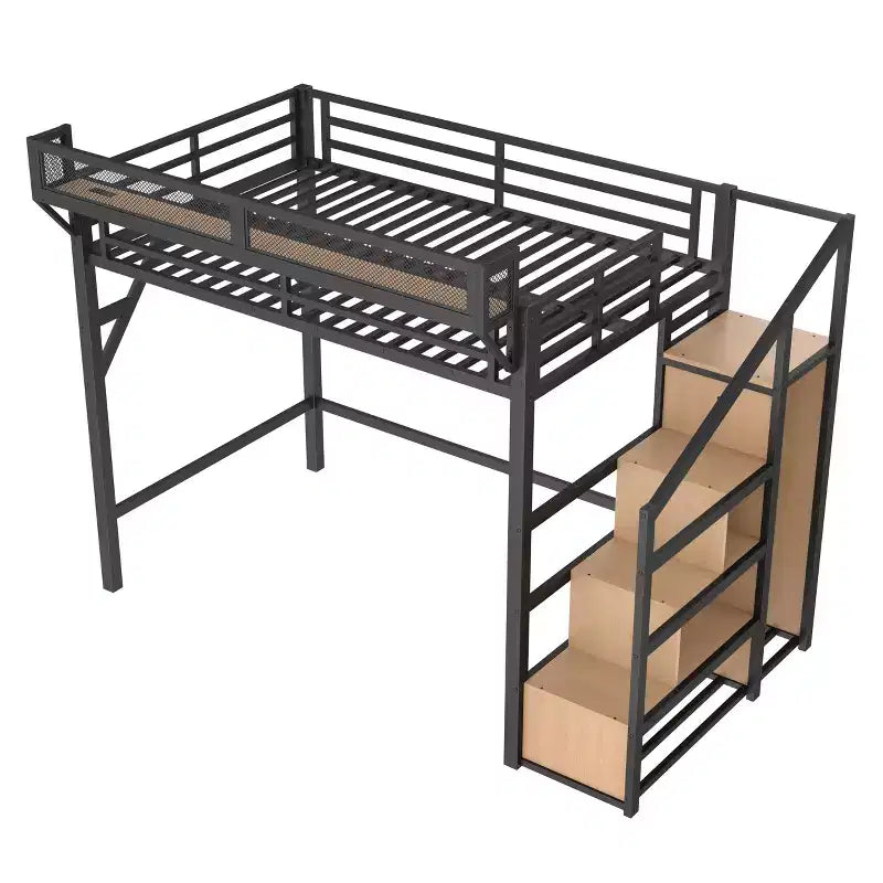 Lit mezzanine double avec escalier de rangement, armoire et étagères intégrées, cadre en métal, ports USB, lumières LED, conception anti-bruit, bois naturel