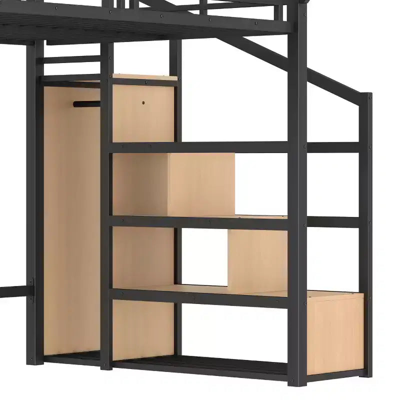 Lit mezzanine double avec escalier de rangement, armoire et étagères intégrées, cadre en métal, ports USB, lumières LED, conception anti-bruit, bois naturel