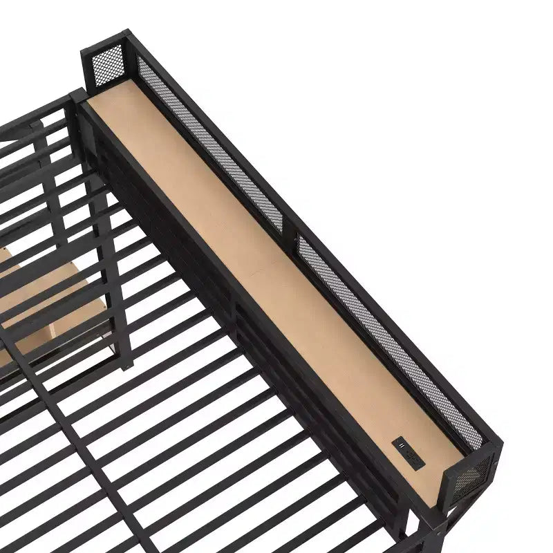 Lit mezzanine double avec escalier de rangement, armoire et étagères intégrées, cadre en métal, ports USB, lumières LED, conception anti-bruit, bois naturel