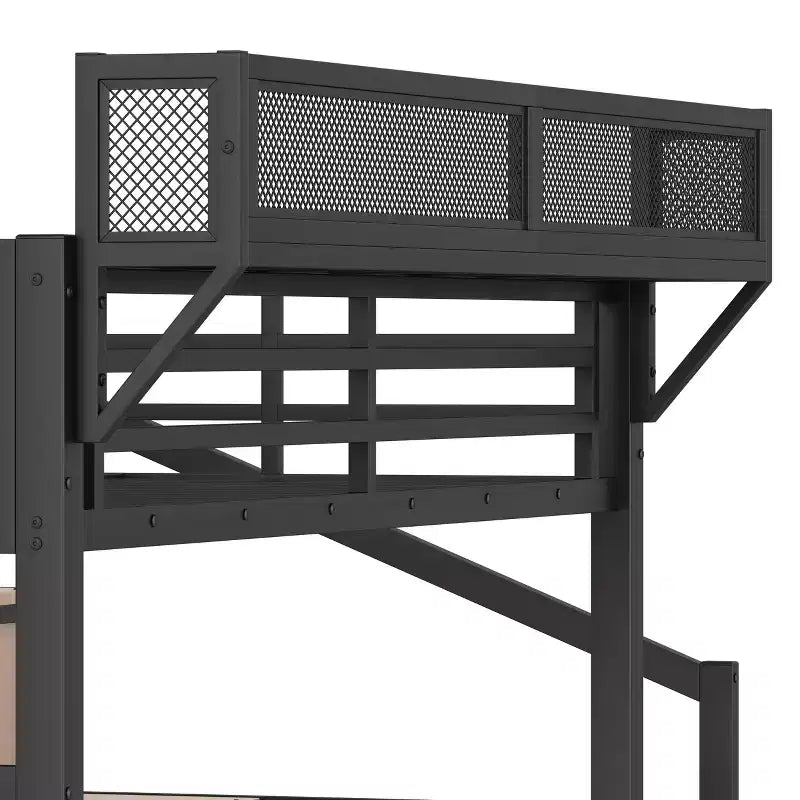 Lit mezzanine double avec escalier de rangement, armoire et étagères intégrées, cadre en métal, ports USB, lumières LED, conception anti-bruit, bois naturel