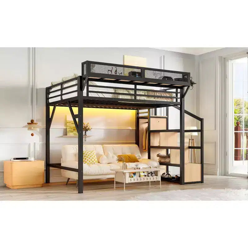 Lit mezzanine double avec escalier de rangement, armoire et étagères intégrées, cadre en métal, ports USB, lumières LED, conception anti-bruit, bois naturel
