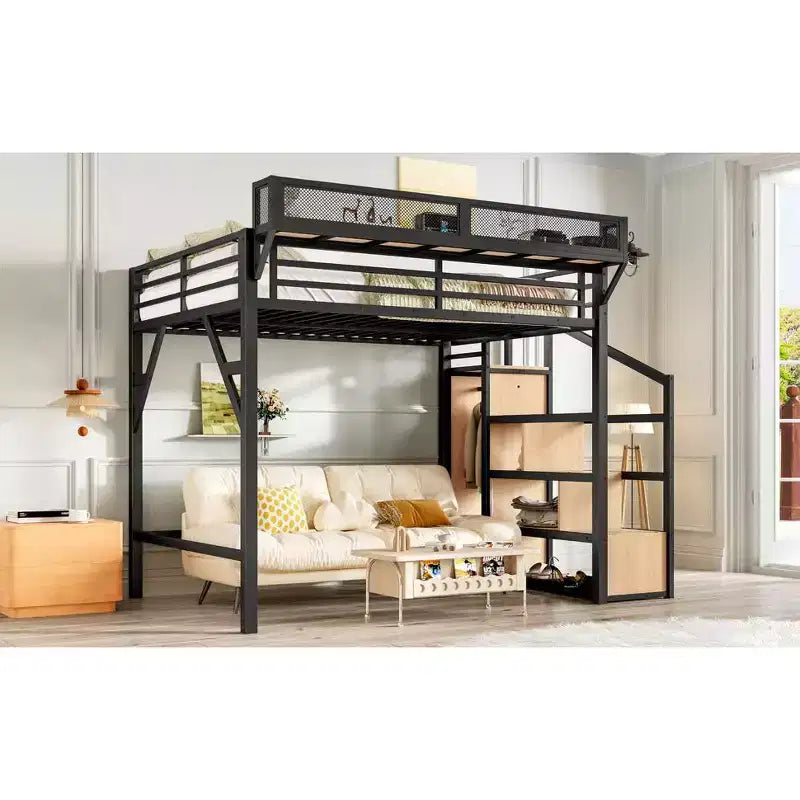 Lit mezzanine double avec escalier de rangement, armoire et étagères intégrées, cadre en métal, ports USB, lumières LED, conception anti-bruit, bois naturel