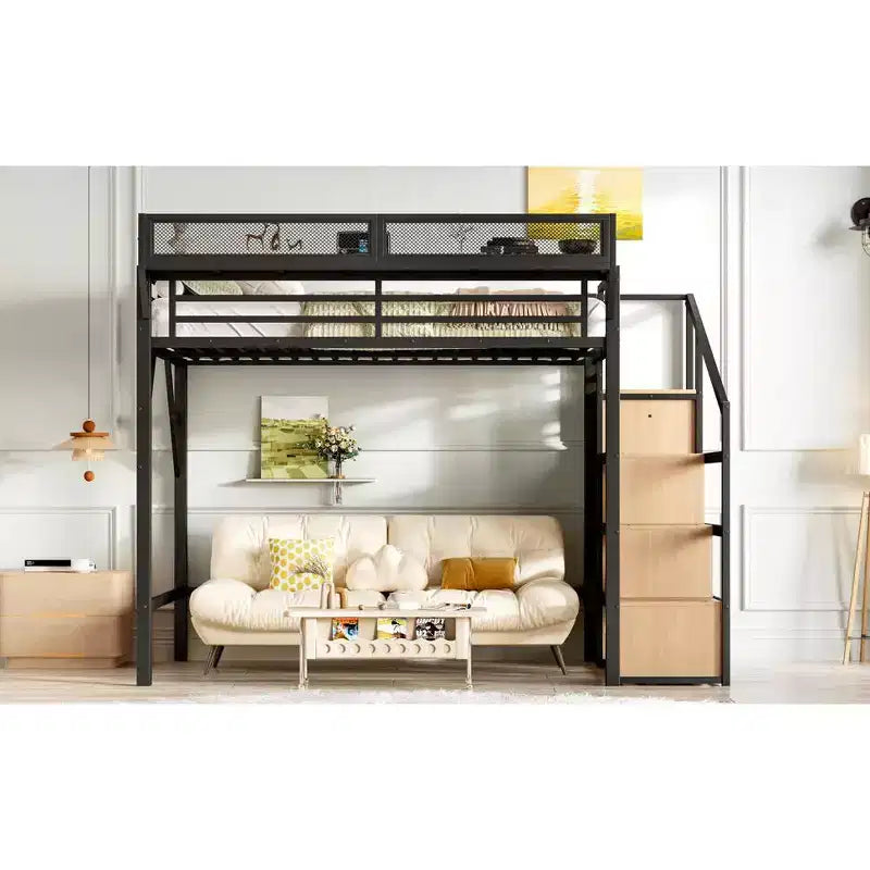 Lit mezzanine double avec escalier de rangement, armoire et étagères intégrées, cadre en métal, ports USB, lumières LED, conception anti-bruit, bois naturel