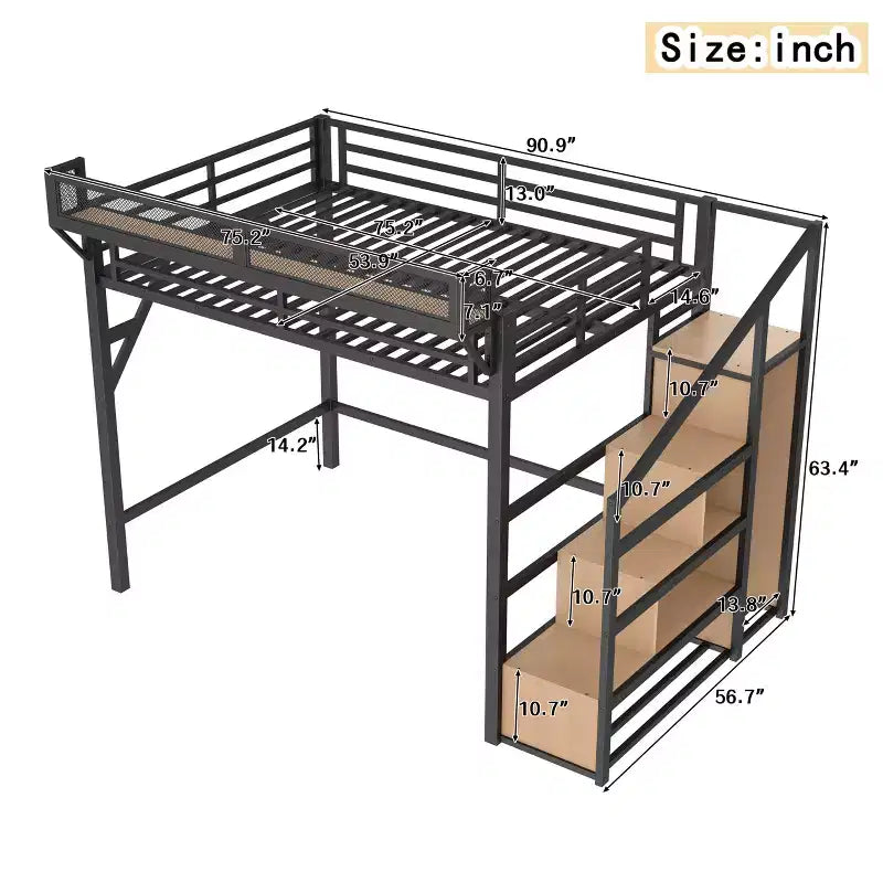 Lit mezzanine double avec escalier de rangement, armoire et étagères intégrées, cadre en métal, ports USB, lumières LED, conception anti-bruit, bois naturel